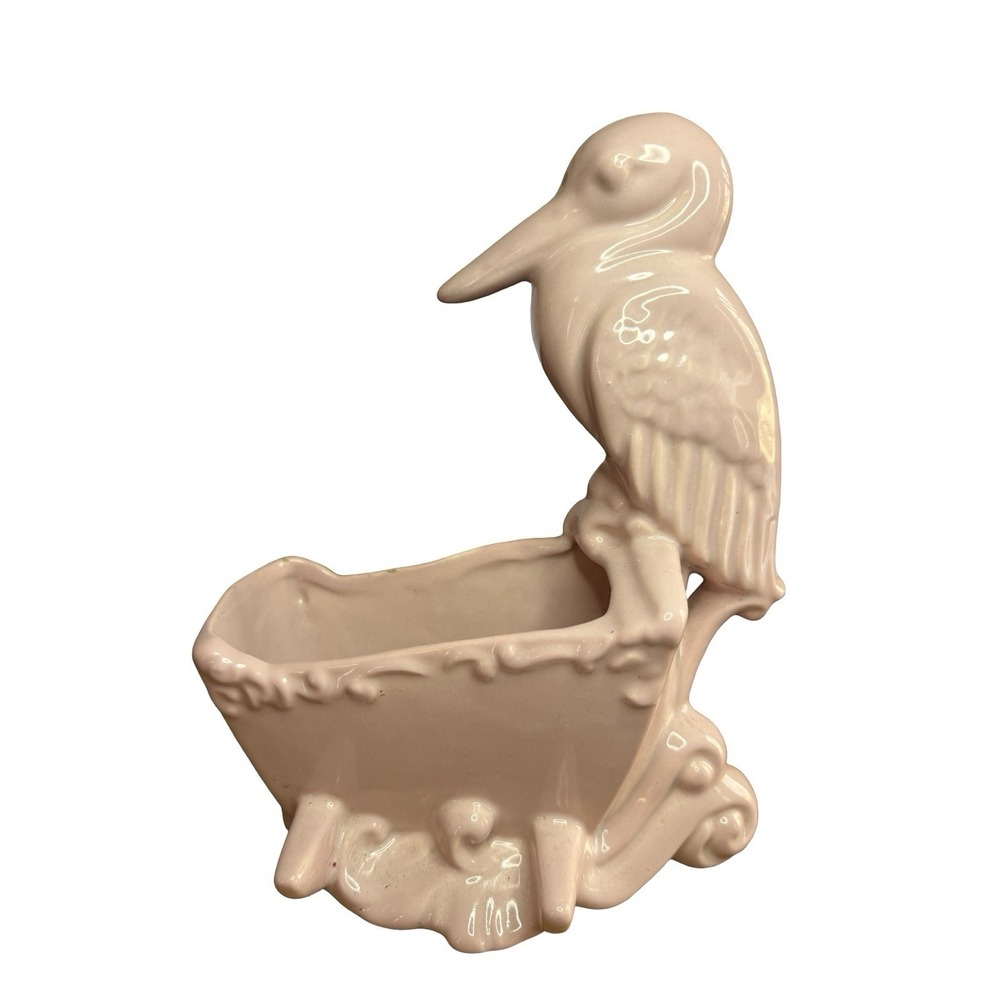 VTG Haeger Pottery Pink Pelican Stork Bird‎ Sitting on Perch Planter 10"